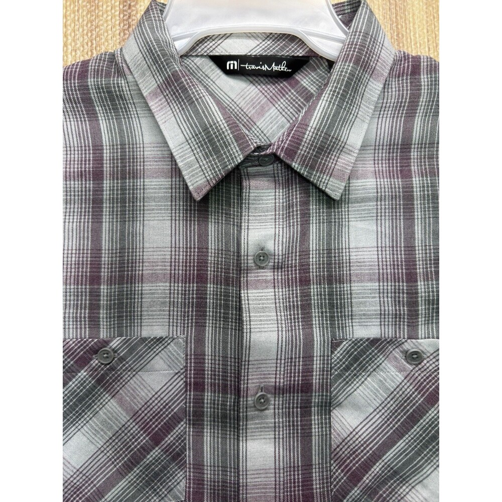 Travis Mathew Cloud Flannel Shirt Men's L Purple Gray Plaid Stretch Performance